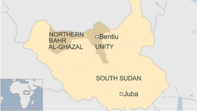 Карта Южного Судана с изображением штатов Юнити и Северный Бахр-эль-Газаль