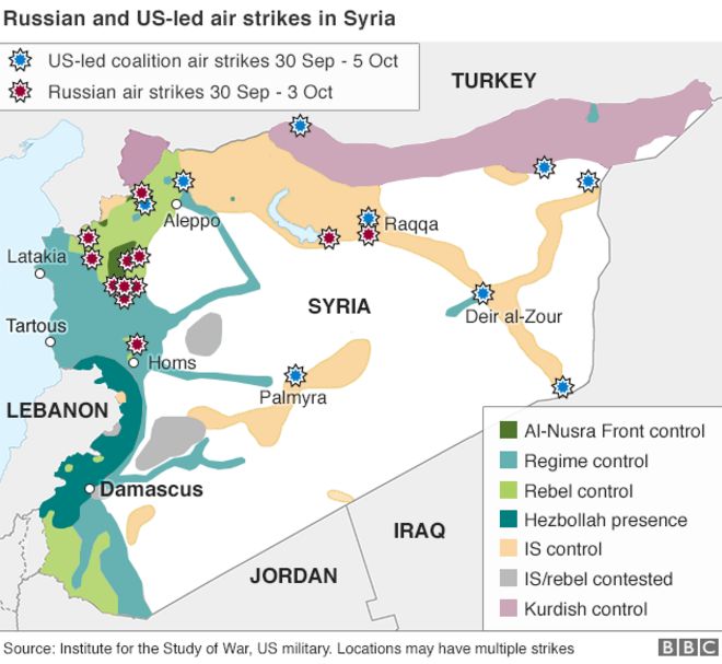 Карта Би-би-си с указанием местоположения авиаударов США и России в Сирии - 6 октября 2015 г.