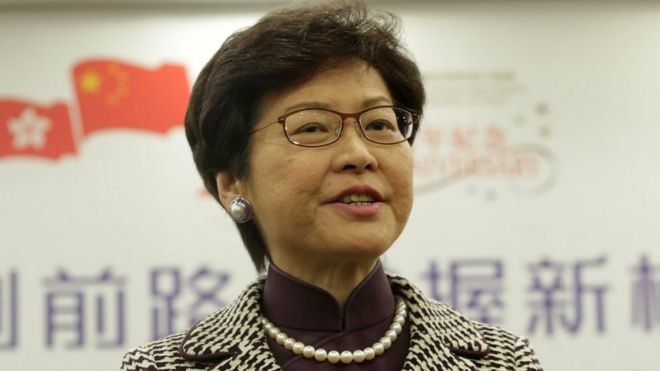 Hong Kong leader-elect Carrie Lam attends a news conference in Beijing