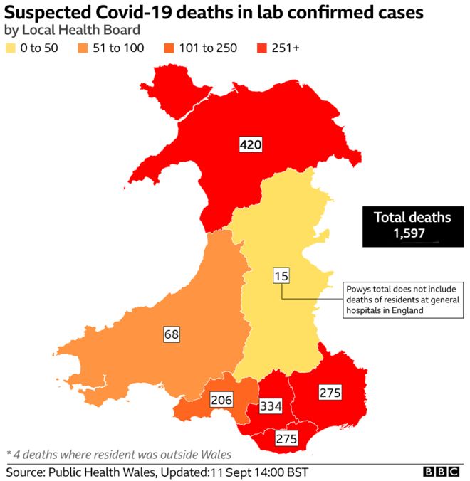 Карта смертей от коронавируса в Уэльсе