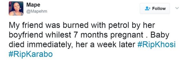 Мой друг был сожжен бензином своим парнем, пока он был на седьмом месяце беременности. Малышка умерла сразу, ей через неделю #RipKhosi #RipKarabo