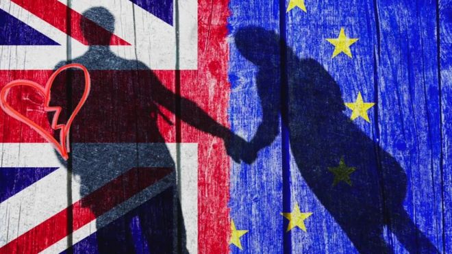 Couple in shadow with UK and EU flag in background