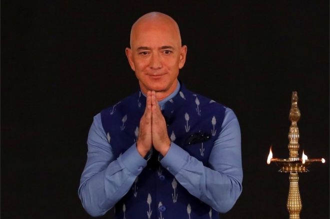 Jeff Bezos, founder of Amazon, attends a company event in New Delhi, India, January 15, 2020