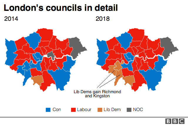 Карта Лондона, показывающая успехи либерал-демократов в Ричмонде и Кингстоне