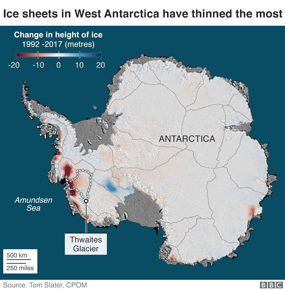 Карта, показывающая, что ледяные щиты в Западной Антарктиде поредели больше всего
