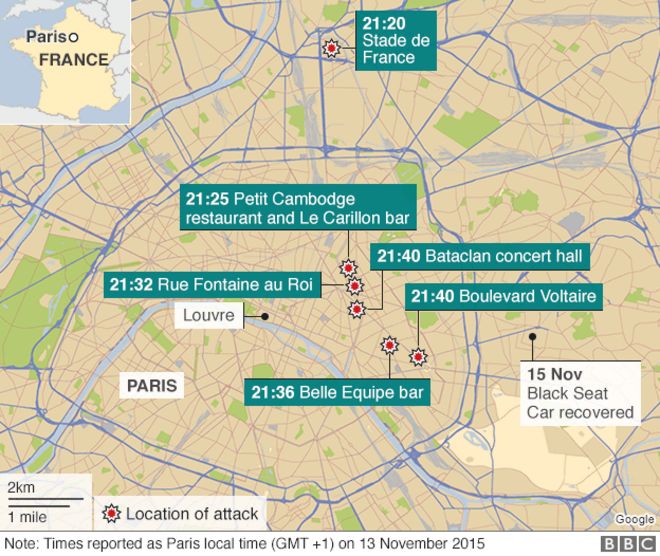 Карта с указанием мест в Париже, где произошло нападение 13 ноября
