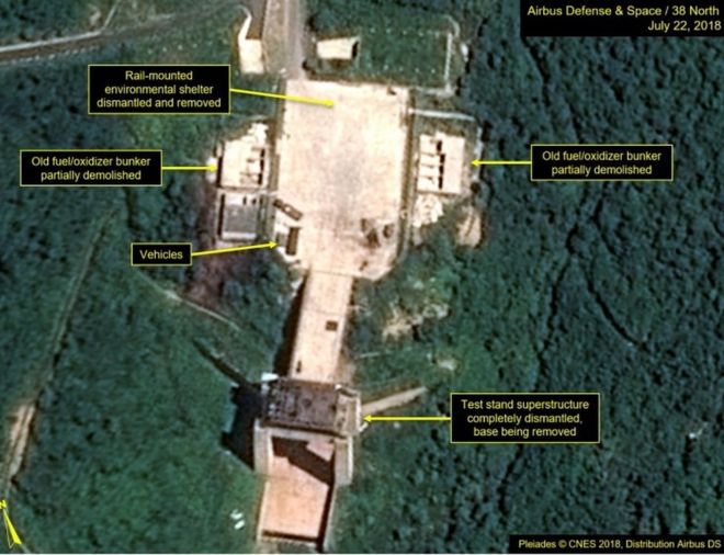 Снимки со спутника Airbus Defense and Space and 38 North, датированные 22 июля 2018 года и полученные 23 июля 2018 года, показывают очевидный демонтаж объектов на станции запуска спутника Sohae, Северная Корея.