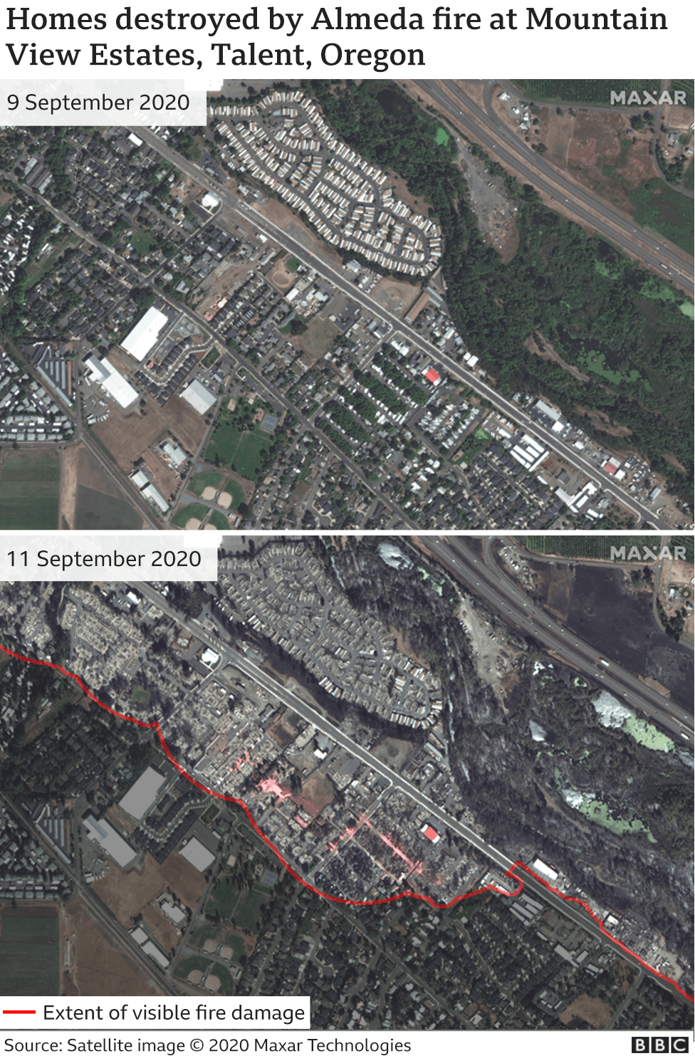 Изображение до и после пожара в Таланте, Орегон
