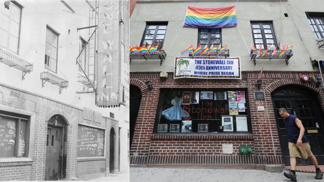 The Stonewall Inn, через неделю после восстания и в 2009 году