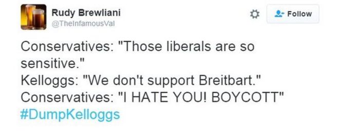 Пользователь Твиттера Руди Брулиани пишет в Твиттере о бойкоте Келлогга как "Я ненавижу тебя!" двигаться консерваторами