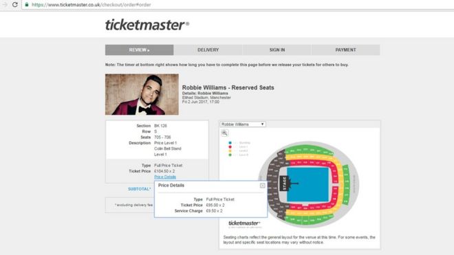 Снимок экрана с билетами Робби Уильямса на Ticketmaster