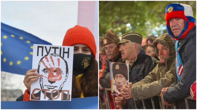Crna Gora: Na protestu protiv ruske invazije Ukrajine 2022. (levo) i protiv ulaska zemlje u NATO 2016. (desno)