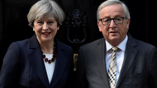 Theresa May and European Commission President Jean-Claude Juncker outside Downing Street in April 2017