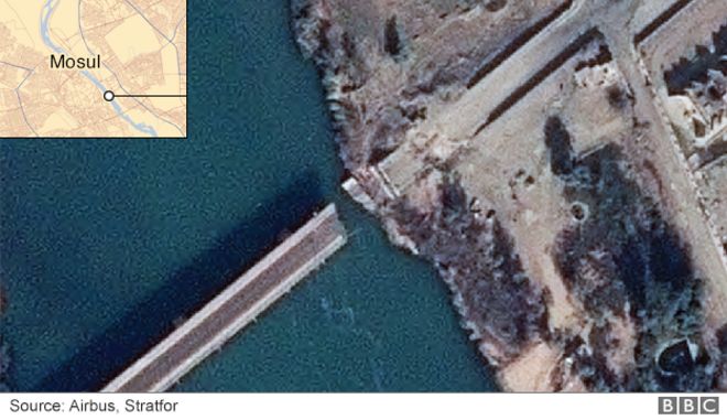 Спутниковое изображение, показывающее повреждение моста Джиср аль-Хуррия