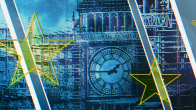 Графически нарисованный Биг Бен в синем с желтыми звездами ЕС