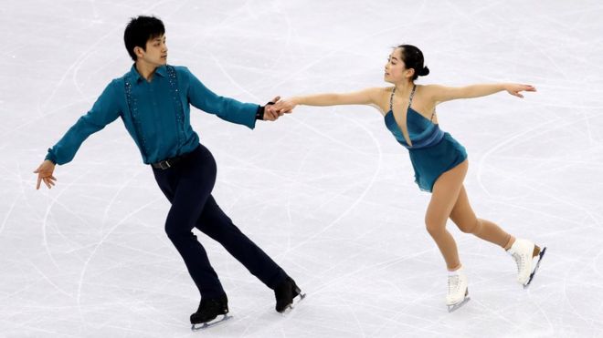 Miu Suzaki and Ryuichi Kihara figure skate at the Winter Olympics
