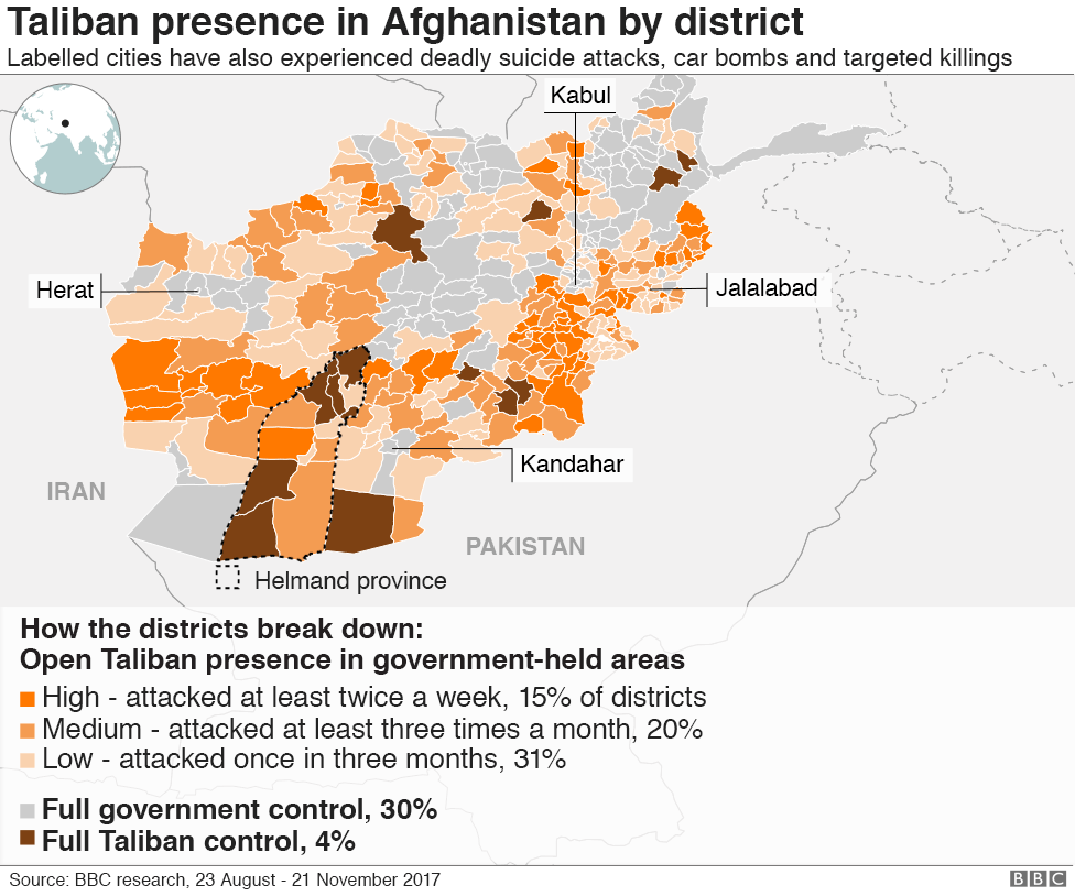 Карта, показывающая присутствие талибов в Афганистане