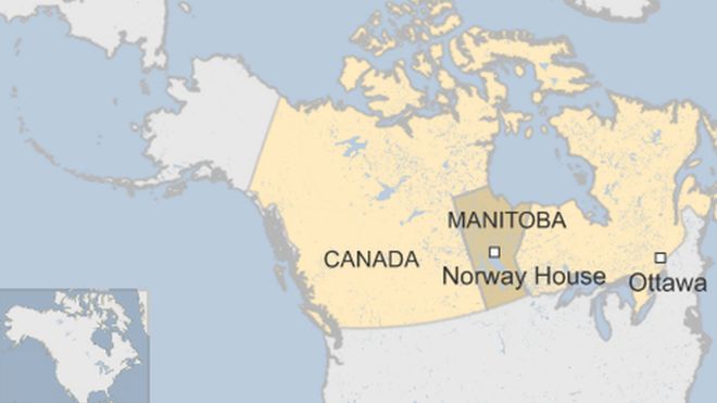 Карта Канады с указанием местонахождения Дома Норвегии в провинции Манитоба к западу от столицы Оттавы