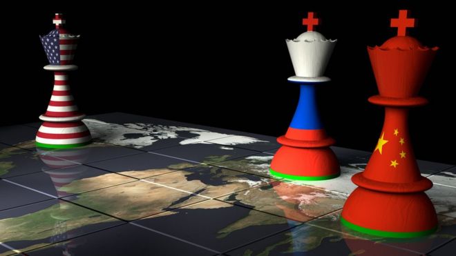 Estados Unidos, Rusia y China en fichas de ajedrez.
