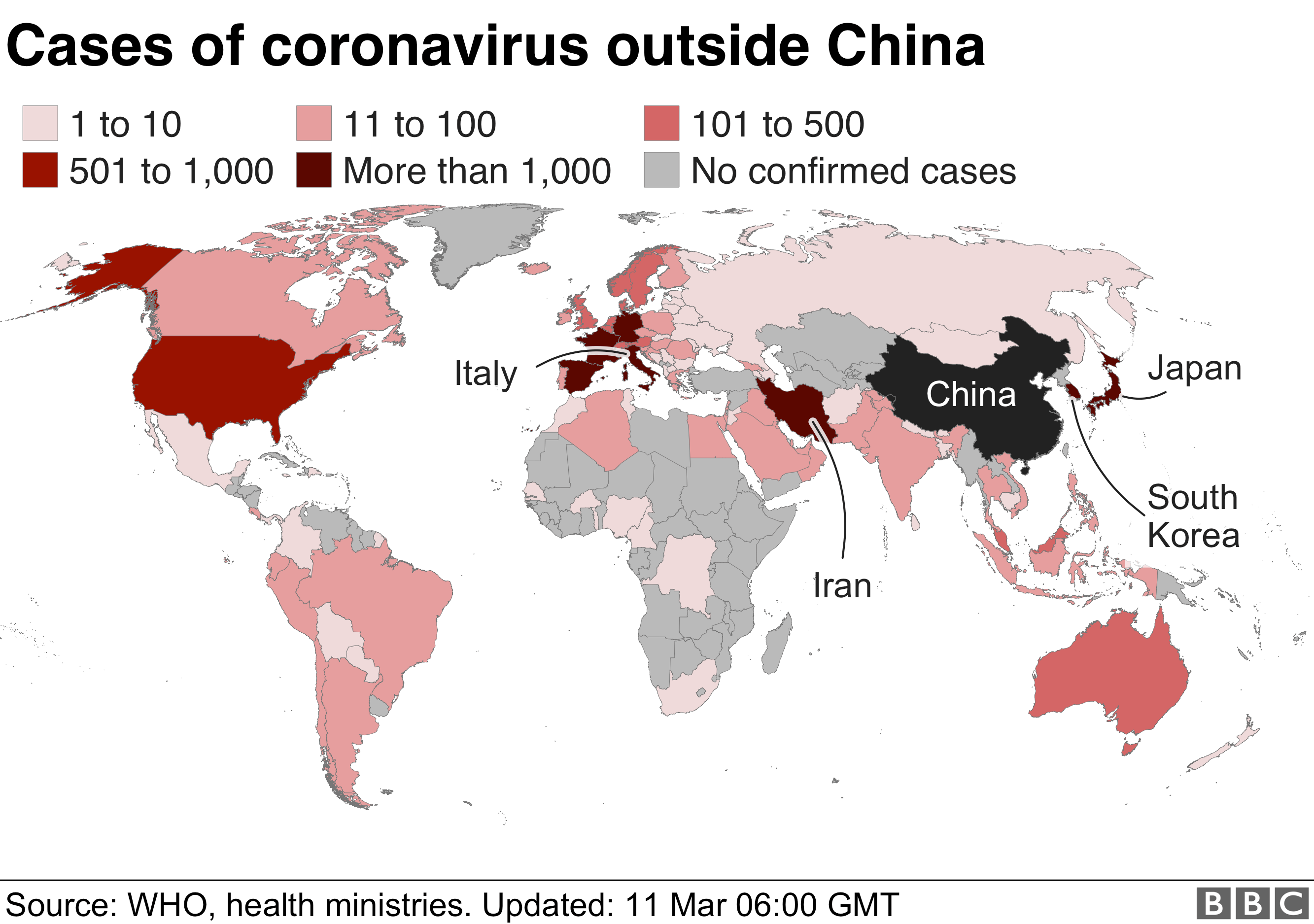 Карта с указанием случаев заболевания за пределами Китая