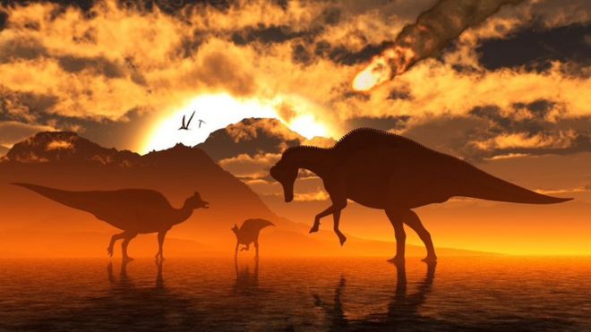 Artistic representation of dinosaurs witnessing the impact of an asteroid