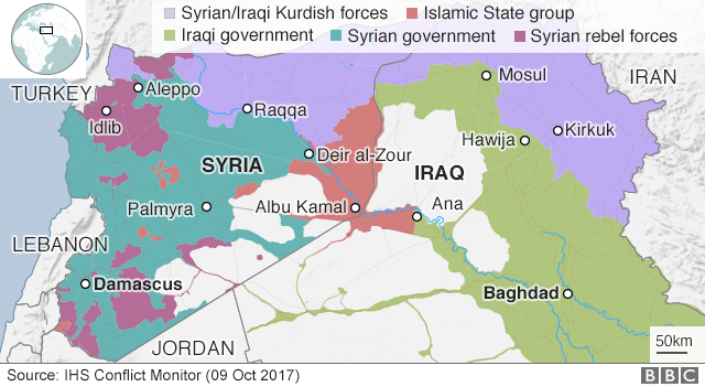 Карта, показывающая контроль над Сирией и Ираком (9 октября 2017 года)