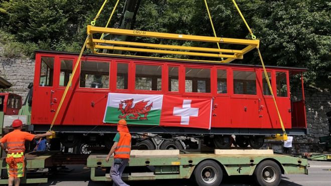 Красный паровоз с швейцарскими и валлийскими флагами