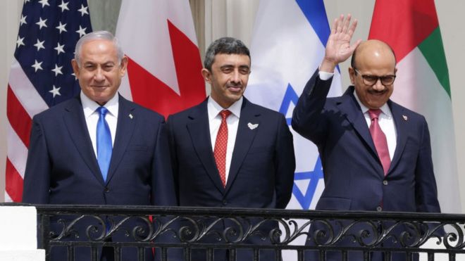Benjamin Netanyahu, Abdullah bin Zayed bin Sultan Al Nahyan y Abdullatif bin Rashid Al Zayani.