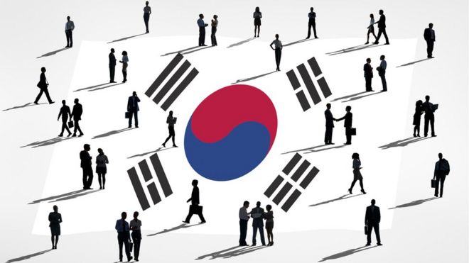bandera y gente Corea del Sur