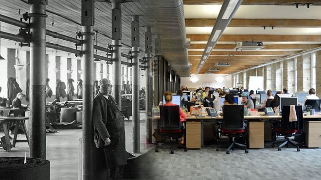 Объединенный снимок, показывающий Дина Клафа Миллса с мельницей слева и современным офисом справа