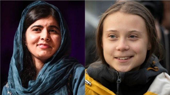 Photo collage showing Malala Yousafzai and Greta Thunberg