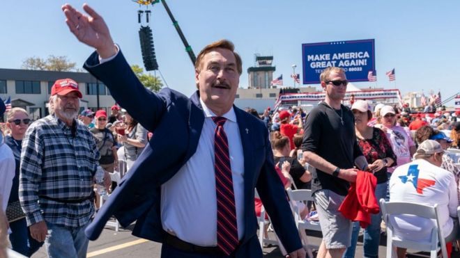 MyPillow CEO Michael Lindell arrives for a 2024 campaign rally by former US President Donald Trump in Waco, Texas, March 25, 2023.