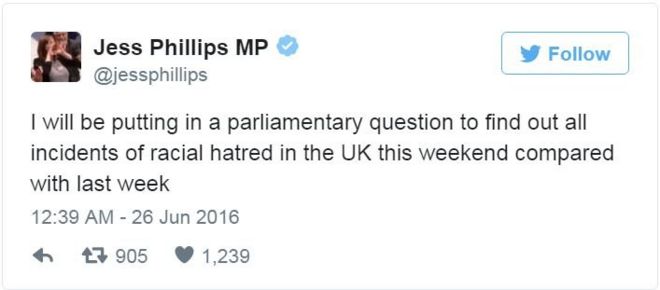 Члены парламента Джесс Филлипс: Я задам парламентский вопрос, чтобы выяснить все случаи расовой ненависти в Великобритании в эти выходные по сравнению с прошлой неделей
