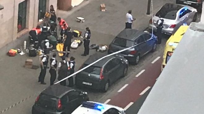The scene in Brussels of the shooting by police of a man who reportedly attacked officers machete, 25 August 2017 ‏
