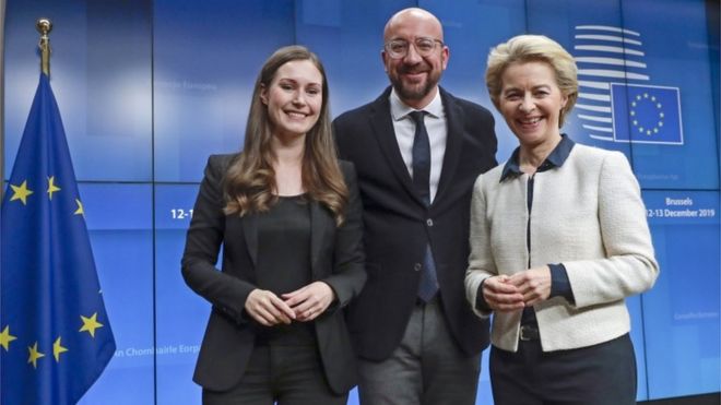 اورزولا فون درلاین رئیس کمیسیون اروپا، شارل میشل رئیس شورای اروپا، سانا مارین نخست وزیر فنلاند و رئیس دوره‌ای اتحادیه اروپا