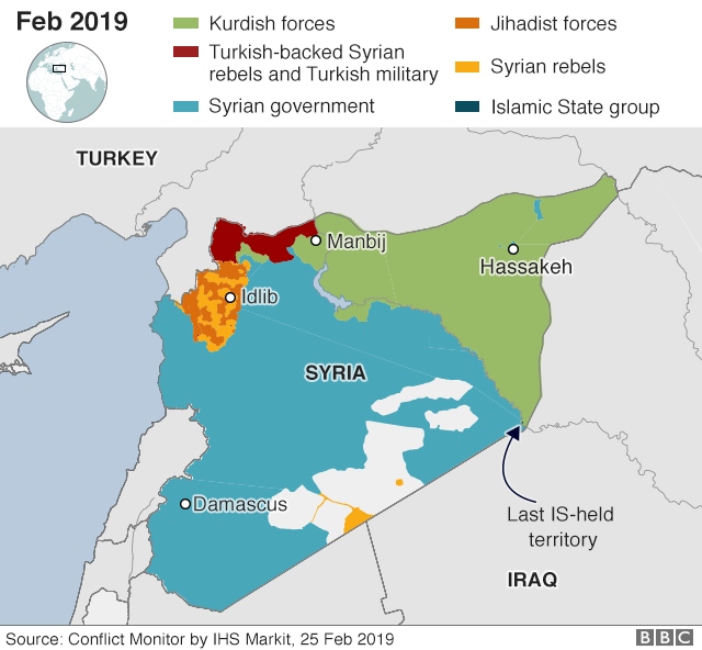 Карта, показывающая контроль над Сирией (25 февраля 2019 года)