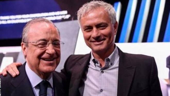 Rais wa Real Madrid Florentino Perez na Jose Mourinho kulia