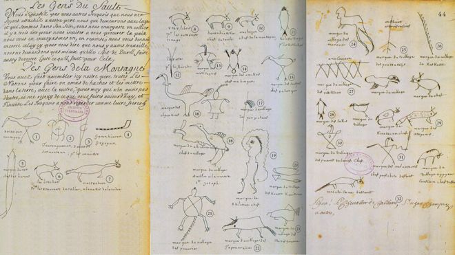 Copia original del Tratado de Paz de 1701 con las firmas del gobernador Callière y de los caciques, que utilizaron pictogramas.