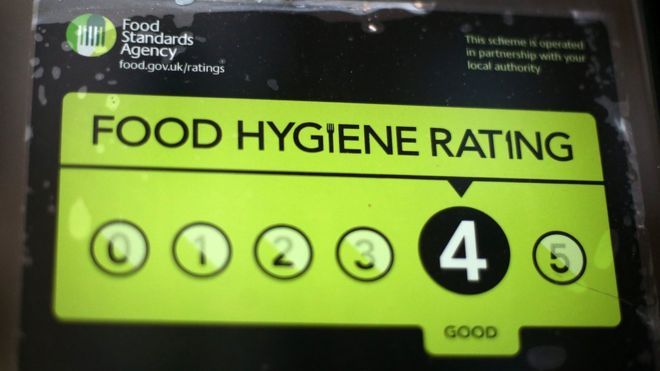 Сертификат рейтинга Агентства пищевых стандартов изображен на витрине ресторана 9 февраля 2015 года в Лондоне, Англия