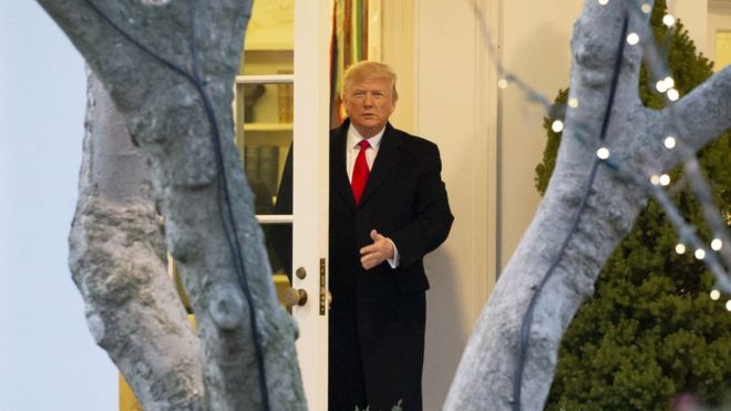 Trump aparece sorrindo timidamente e olhando para fora a partir de porta do Salão Oval; fora do escritório, é possível ver árvores enfeitadas com luzes pisca-pisca
