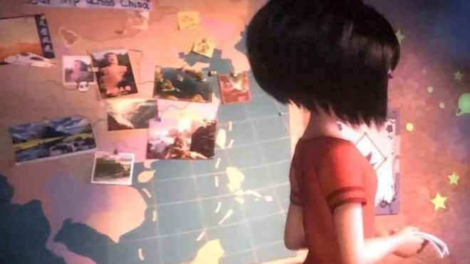 Screenshot showing a girl in front of an Asia map