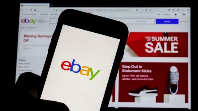 The eBay logo is pictured on a phone screen in this photo illustration in New York, U.S., July 23, 2019.