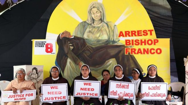 Catholic nuns in Kerala, who are demanding the arrest of Bishop Franco Mullakal of Jalandhar for allegedly raping a nun multiple times
