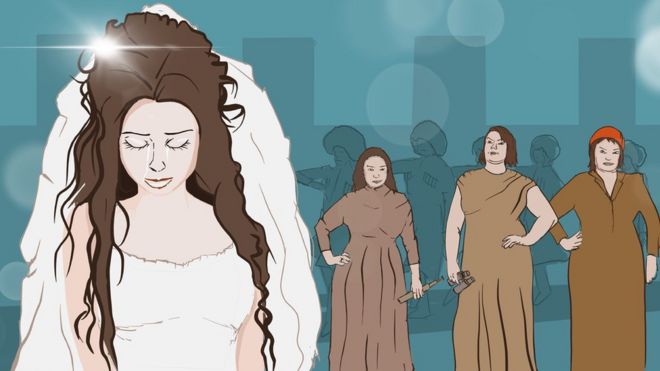 Тужна млада на дан њеног венчања, у позадини се виде три жене са строгим погледима