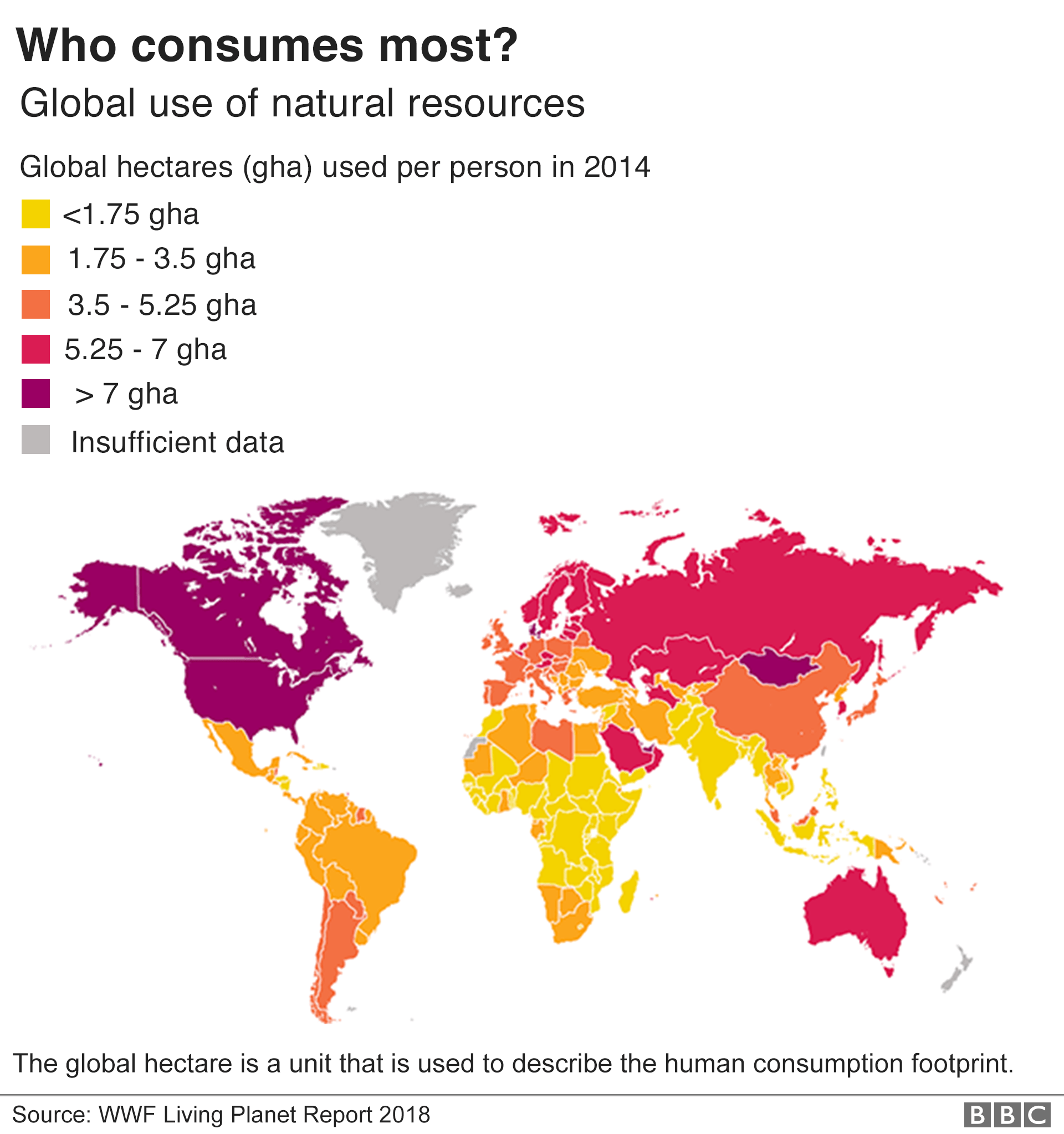 Карта, показывающая потребление человека в каждой стране в глобальных гектарах