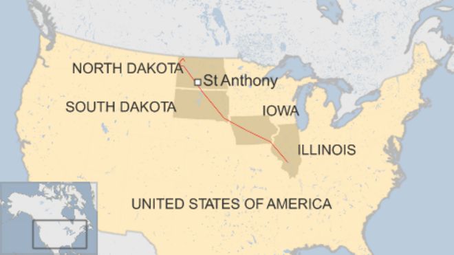 Карта, показывающая трубопровод, проходящий через Северную Дакоту, Южную Дакоту, Айову и Иллинойс, также показывающий город Святого Антония, где проходил протест