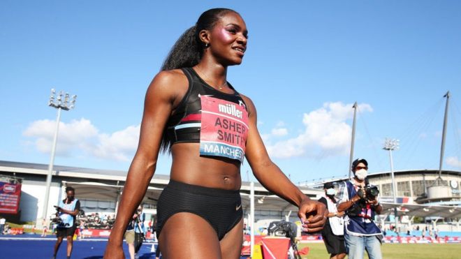 Dina Asher-Smith wins the 100m at the Muller British Athletics Championships in Manchester.