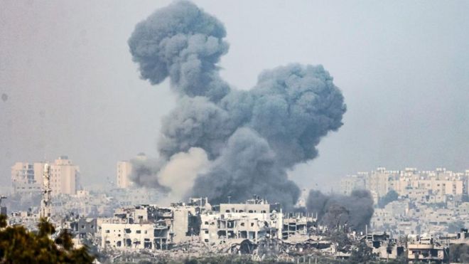 Smoke rises from the northern part of the Gaza Strip as a result of an Israeli airstrike, at an undisclosed location near the border with Gaza, in Israel, 28 October 2023.