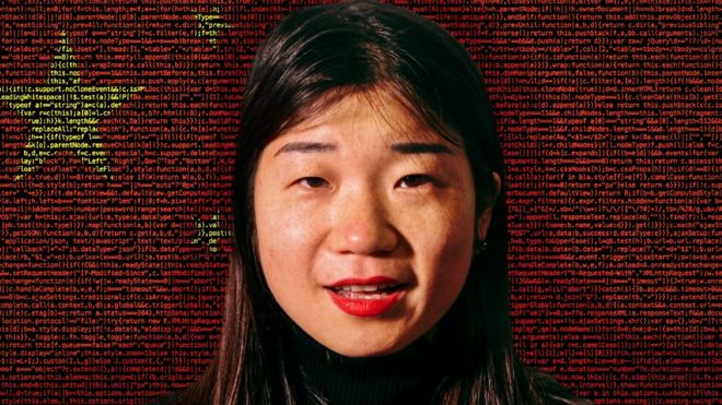 Journalist Karoline Kan against the backdrop of a Chinese flag made of computer code.