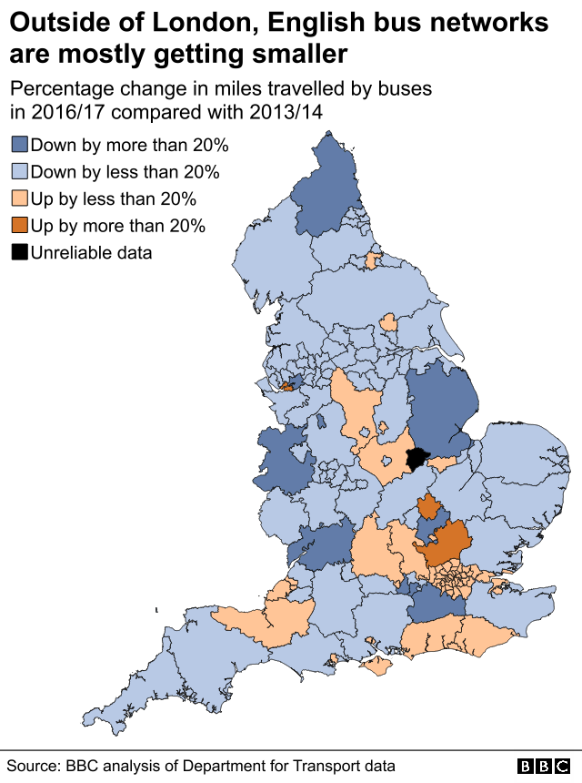 Карта, показывающая, что за пределами Лондона, автобусные сети в Англии в основном становятся меньше